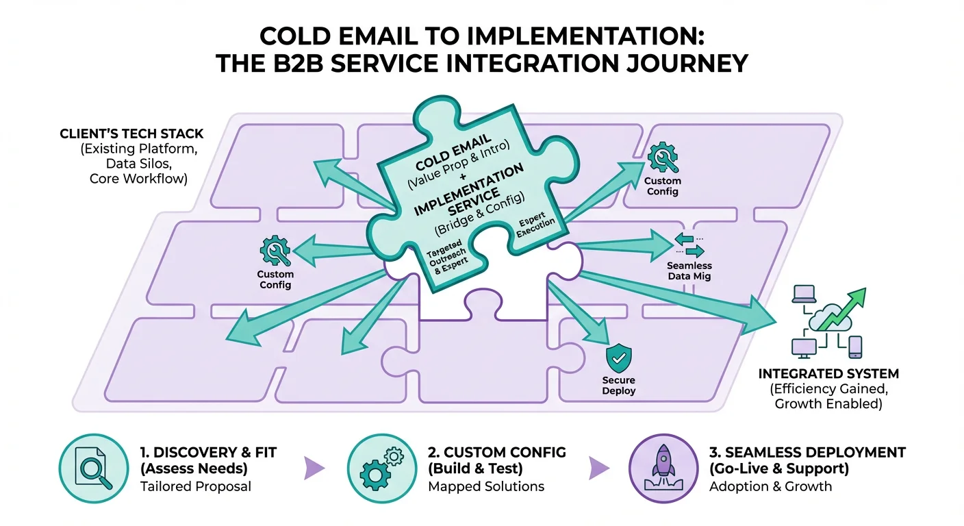 Infographic showing implementation services with puzzle piece, software system diagram, and integration arrows