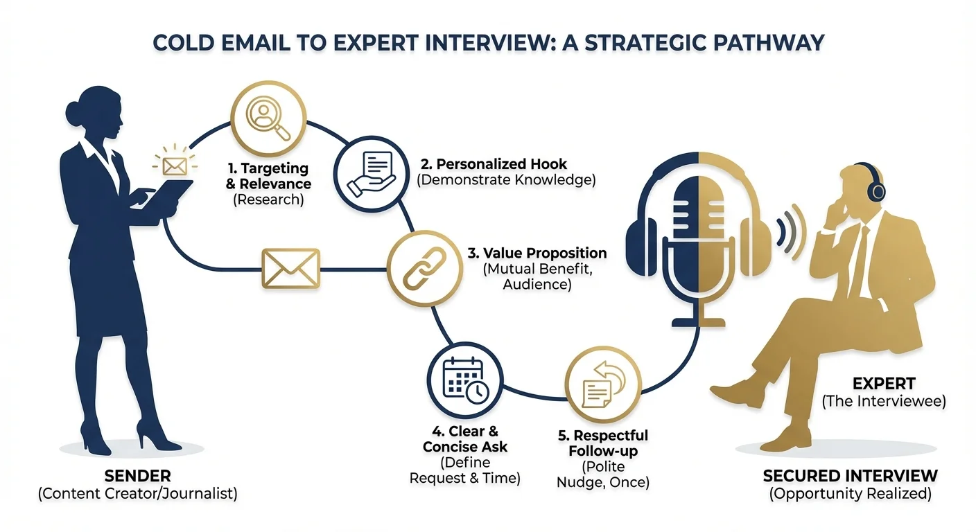 Infographic showing interview requests with microphone, professional silhouettes, and email connection line