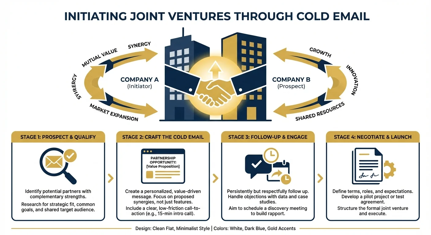 Infographic showing joint venture partnerships with two company buildings merging, handshake symbol, and synergy arrows