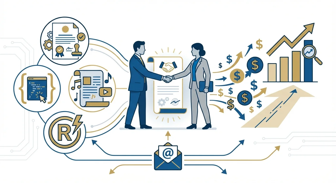 Cold email strategy for licensing deals showing IP transfer and revenue flow