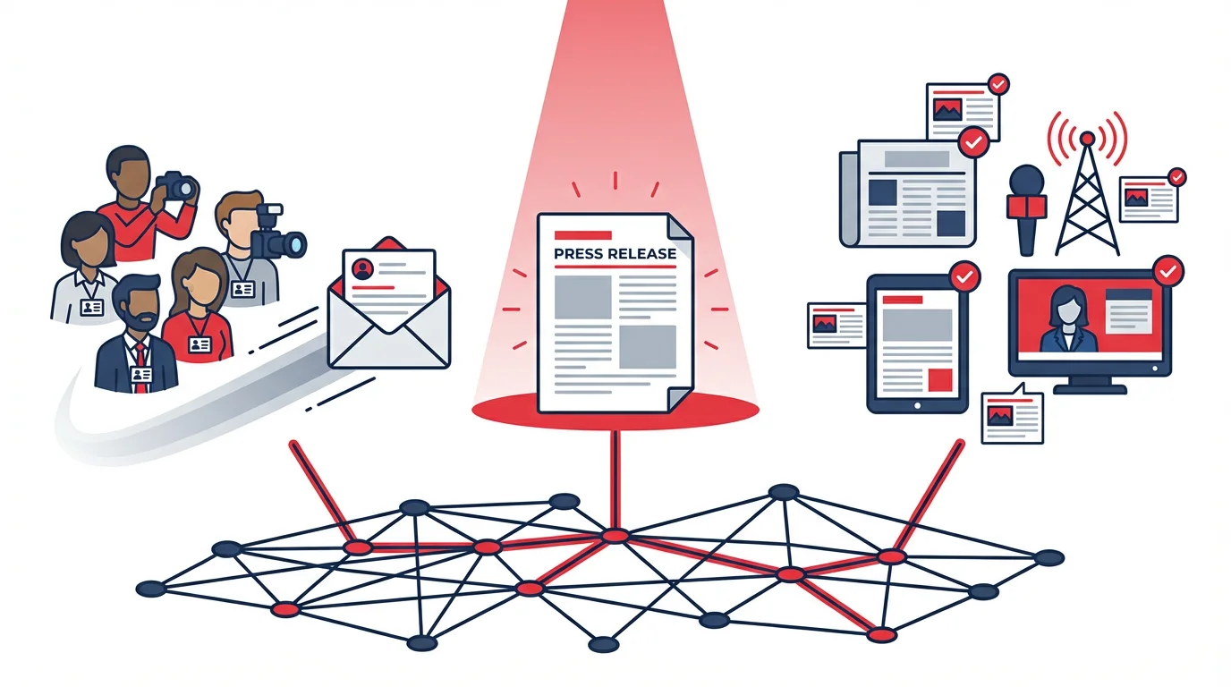 Cold email strategy for press release distribution showing journalist outreach and media coverage