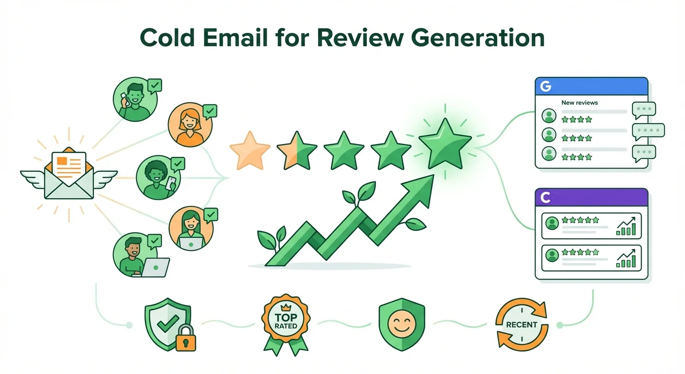 Cold email strategy for review generation showing star ratings and social proof