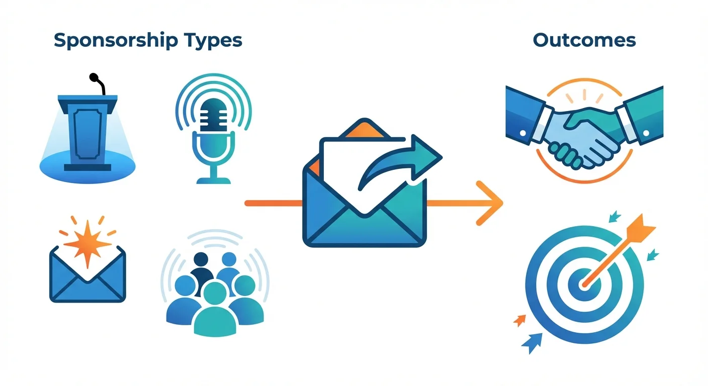 Infographic showing cold email outreach for sponsorship partnerships with icons for events, podcasts, newsletters, and communities