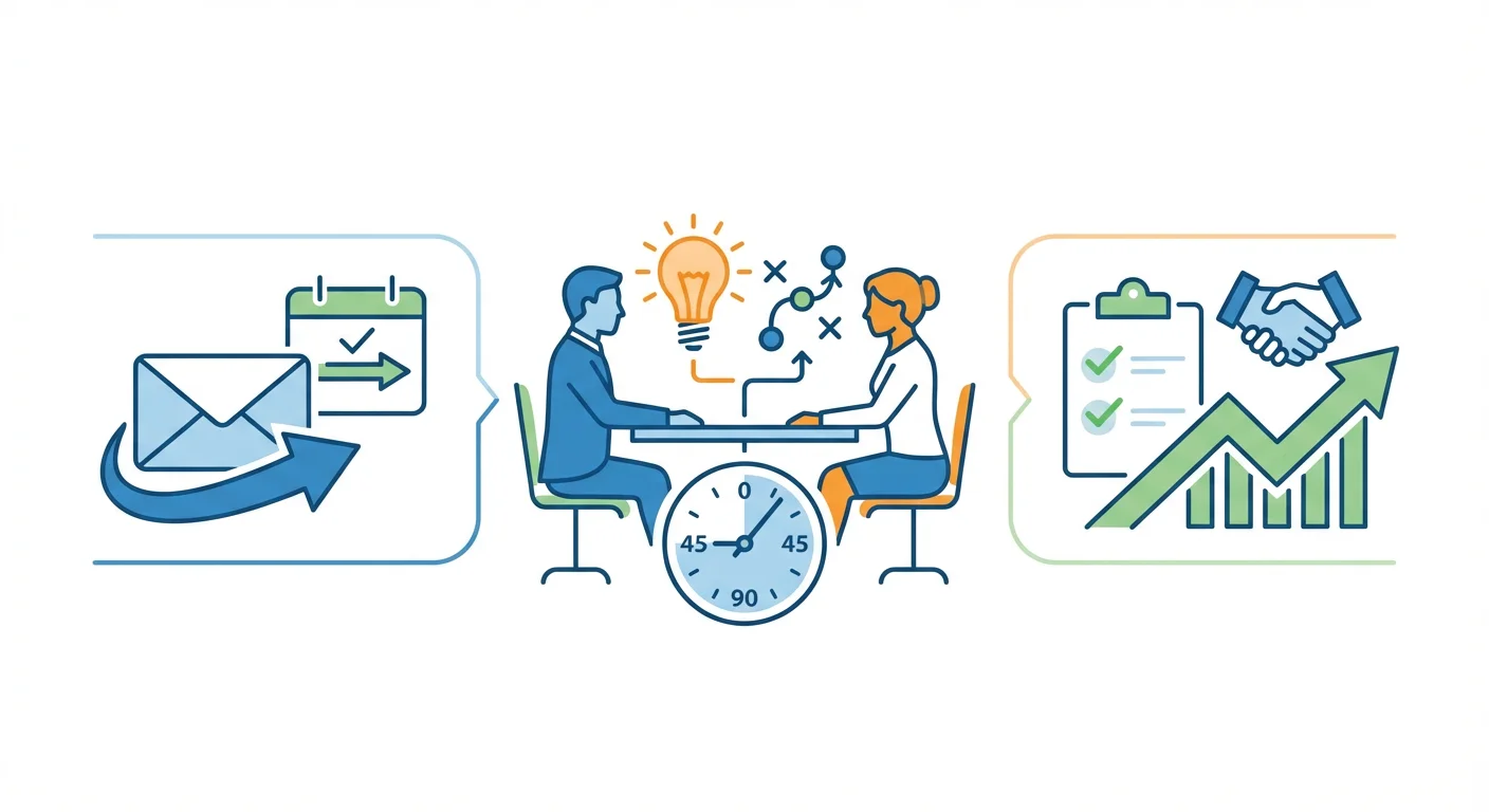Infographic showing cold email outreach for booking strategy sessions with business consultation icons