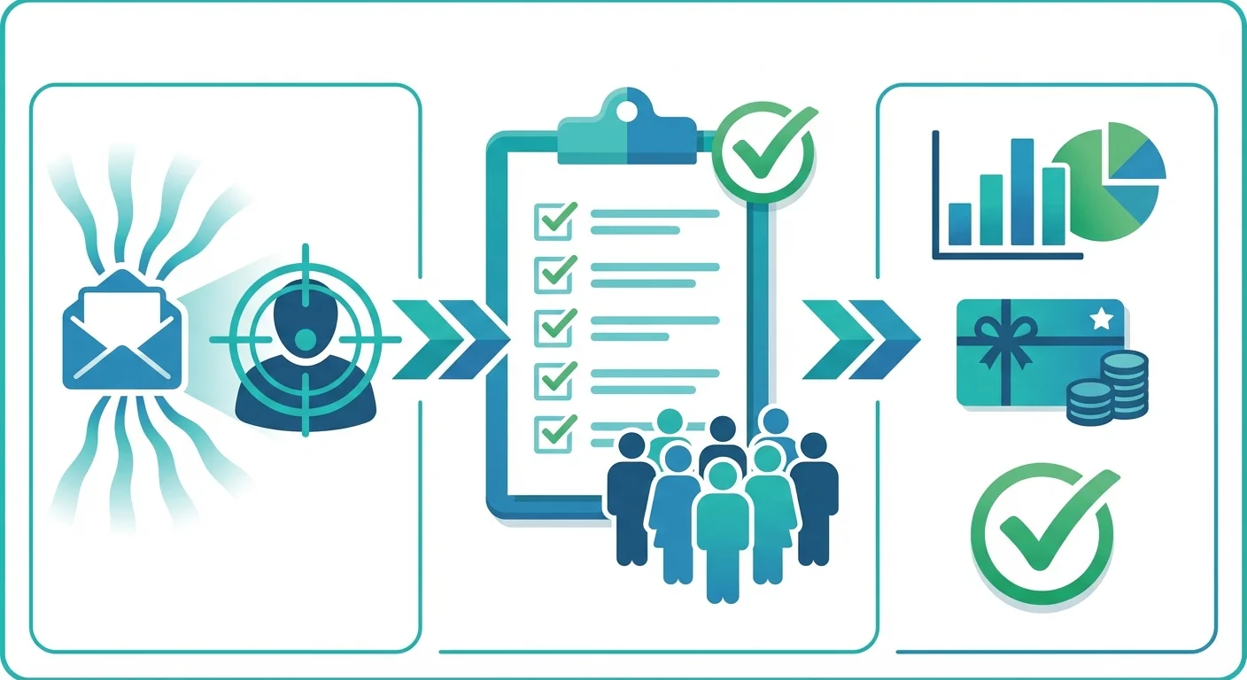 Infographic showing cold email outreach for recruiting survey participants with research and data collection icons