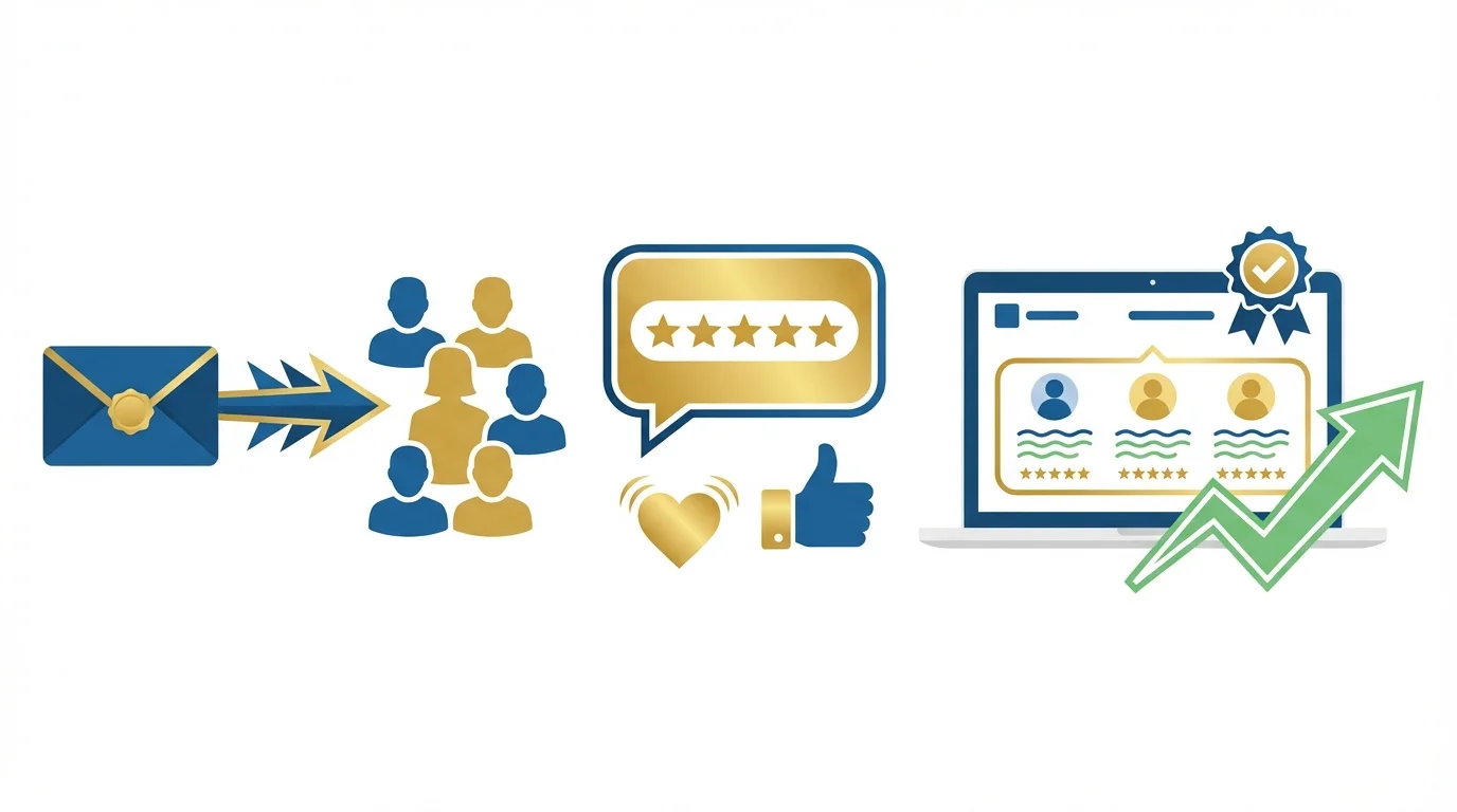 Infographic showing cold email outreach for collecting customer testimonials with quote and social proof icons