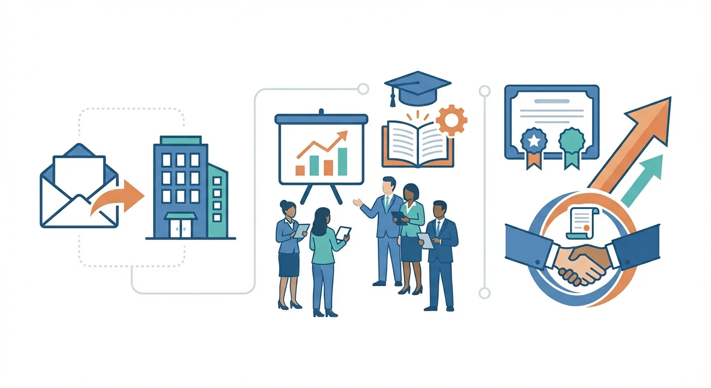 Infographic showing cold email outreach for selling corporate training services with L&D and education icons