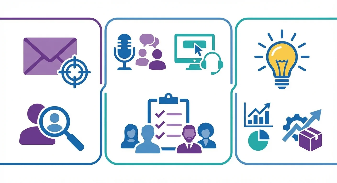 Infographic showing cold email outreach for recruiting user research participants with interview and usability testing icons