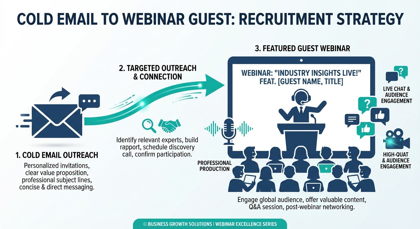 Cold email for webinar guest recruitment showing outreach connecting to featured speaker on webinar stage