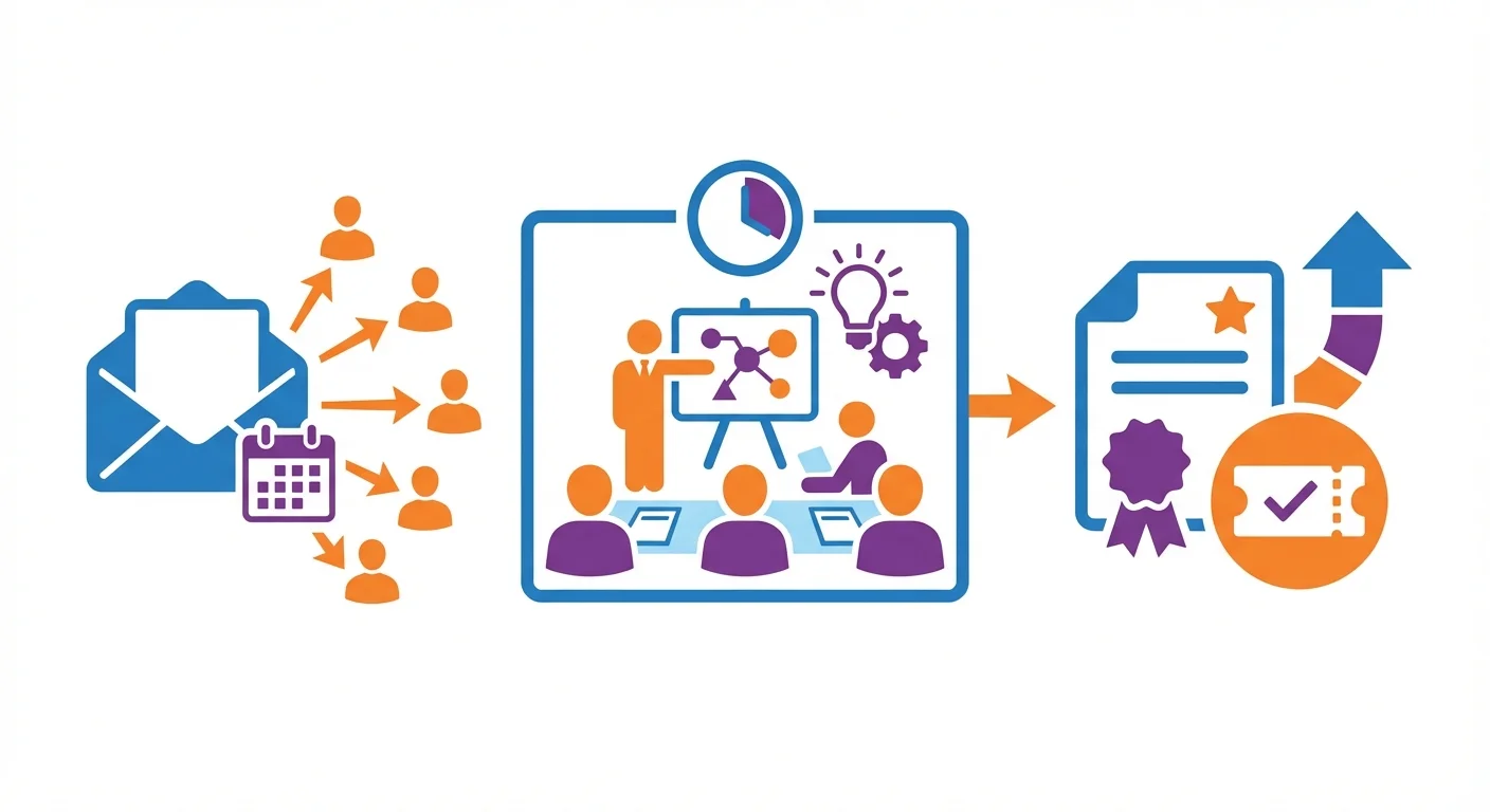 Infographic showing cold email outreach for promoting and selling workshops with training and enrollment icons
