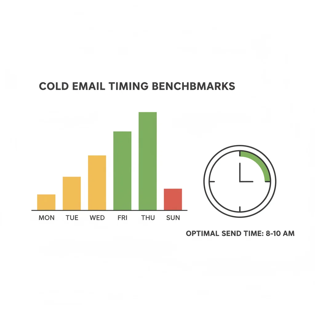 Cold email timing performance benchmarks showing optimal days and times