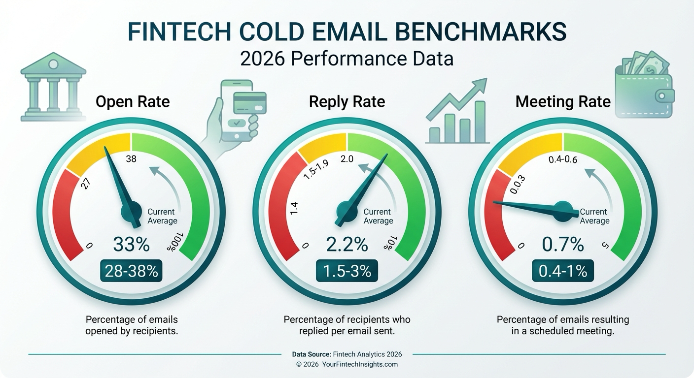 Fintech cold email benchmarks dashboard showing key metrics: Open Rate 28-38%, Reply Rate 1.5-3%, Meeting Rate 0.4-1%